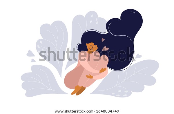 Self care, love your body. Cute girl in pink\
pajamas smiling and hugging her legs. Vector illustration of young\
woman with heart shaped long hair. Body positive poster. Slow life,\
healthcare concept.