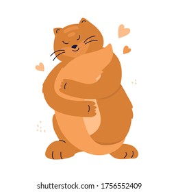 Self care, love yourself or body positive concept. Smiling fat red cat with big tail hugging himself. I love you, Happy valentines day postcard. Slow life, confidence and wellness. Vector illustration