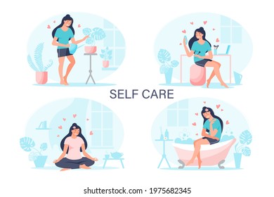 Self care, love yourself concept set. Motivation to take time for yourself with plants,  yoga exercise, on bath, beauty making. Vector flat collection illustration. Design  for banner, landing page