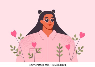 Self care, love yourself concept. Portrait of a cute young smiling woman in heart shaped sunglasses with flowers. Mental health, wellness, wellbeing. Isolated trendy vector illustration