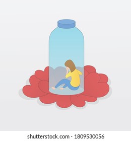 self care love yourself concept,A woman blocking herself in a glass bottle,The heart petals surround the outside,Vector illustration.