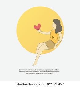 Self care and love yourself concept,happy woman turn to take more care of your heart,Learn and understand how love is going,Vector illustration.