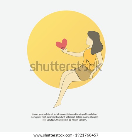 Self care and love yourself concept,happy woman turn to take more care of your heart,Learn and understand how love is going,Vector illustration.