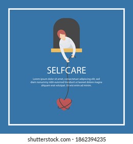 self care and love yourself concept,woman or girl is pulling a rope from window to take care of her heart,Vector illustration.