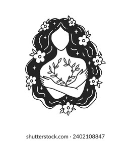 Autocuidado, amate a ti mismo con cuidado de la salud. Ilustraciones vectoriales femeninas. La mujer abraza sus hombros. Tarjeta, tarjeta de San Valentín. Estilo Doodle