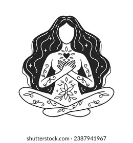 Self care, Meditation girl yoga. Feminine vector Illustrations. Mental Healthcare. The woman happiness. Card, valentines card. Doodle style