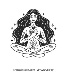 Self care, Meditation girl yoga. Feminine vector Illustrations. Mental Healthcare. The woman happiness. Card, valentines card. Doodle style
