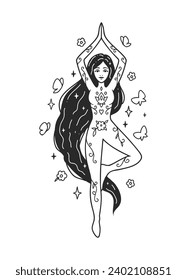 Self care, Meditation girl yoga. Feminine vector Illustrations. Mental Healthcare. The woman happiness. Card, valentines card. Doodle style