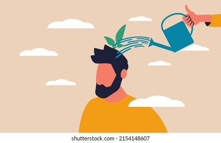 Self care mindset and positive learn or esteem. Change belief and development mind brain vector illustration concept. Knowledge fulfillment and growth improvement attitude people. Creativity head tree