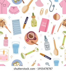 Self care morning routine seamless pattern .Skin care,planning,coffee. 