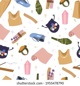 Self care morning routine seamless pattern .Work out,meditation. 