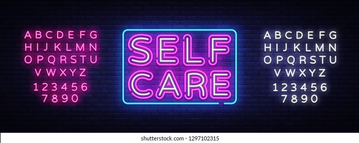 Self Care neon sign vector. Motivational Feel Good Design template neon sign, light banner, neon signboard, nightly bright advertising, light inscription. Vector. Editing text neon sign