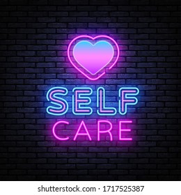 Self Care neon sign vector. Neon Design template, light banner, night signboard Vector illustration.