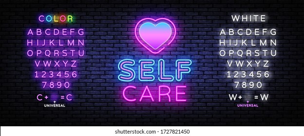 Self Care neon sign vector. Neon Design template, light banner, night signboard, nightly bright advertising, light inscription. Vector illustration. Editing text neon sign.