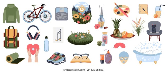 Self care objects mega set in flat graphic design. Collection elements of travel and sports equipments, reading book, painting, writing, aromatherapy relax, spa items, other. Vector illustration.