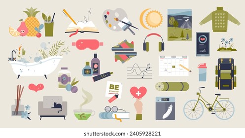 Self care objects with wellness and wellbeing elements tiny person collection. Set with relaxation, harmony and calm items vector illustration. Aroma therapy or skin hygiene for personal relaxation.