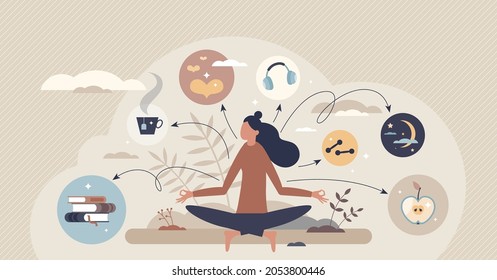 Self care personal health habits combination for wellness tiny person concept. Daily lifestyle for happiness and physical or emotional peace vector illustration. Activities combination for good body.