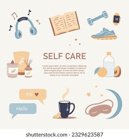 Self care personal health habits combination for wellness person concept. Daily lifestyle for happiness and physical or emotional peace vector illustration. Activities combination for good body.