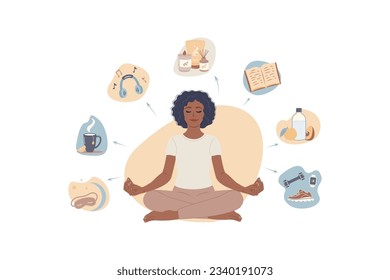 Autocuidado de hábitos de salud personal combinación para el concepto de persona de bienestar. Estilo de vida diario para la felicidad y la ilustración del vector de paz física o emocional. Combinación de actividades para un buen cuerpo.