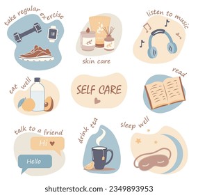 Self care personal health habits combination for wellness person concept. Daily lifestyle for happiness and physical or emotional peace vector illustration. Activities combination for good body.
