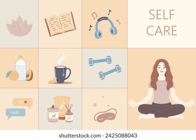 Self care personal health habits combination for wellness person concept. Daily lifestyle for happiness and physical or emotional peace, vector illustration. Activities combination for good body.