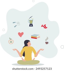 Self care personal health habits combination for wellness.Daily lifestyle for happiness and physical or emotional peace.flat design.illustration with people.