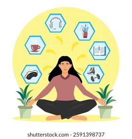 Self care personal health habits combination for wellness person. A woman meditates in a peaceful environment surrounded by representations of various relaxing activities.