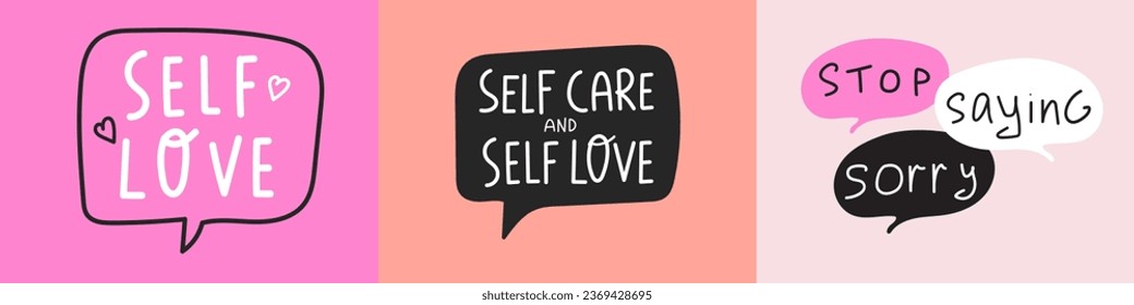 Self care phrases. Inspirational quotes on pink backgrounds. Vector graphic design. Lettering. 