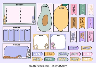 self care planner page, planner stickers, sticky notes and memo notepad pages