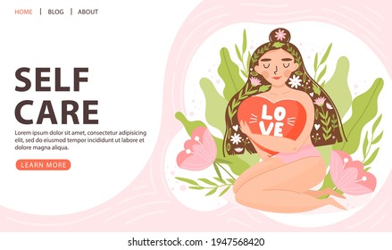 Self care, positive mindset or mental health concept. Cute girl sitting and hugging big heart. Positive woman with floral elements. Landing page template. Vector.