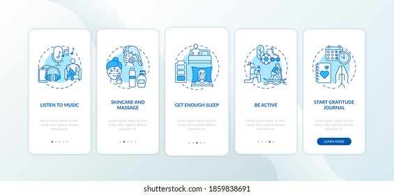 Self care practices onboarding mobile app page screen with concepts. Skincare and massage salons. Listen music walkthrough 5 steps graphic instructions. UI vector template with RGB color illustrations