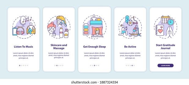 Self care practices onboarding mobile app page screen with concepts. Skincare and massage. Listen to music walkthrough 5 steps graphic instructions. UI vector template with RGB color illustrations