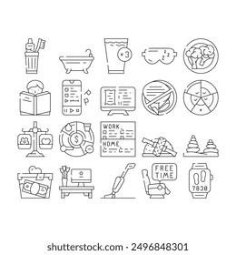 Procedimiento De Cuidado Personal E Iconos De Tarea De Vida Establecer Vector. Ejercicio De Entrenamiento De Cuidado Personal Y Meditación, Limpieza Y Donación De La Casa, Cepillarse Los Dientes Y Bañarse, Comer Ilustraciones De Color De Comida y bebida De Atención Médica