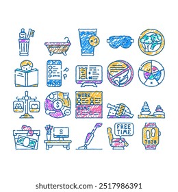 self care procedure and life task doodle icons set vector. sketch line art self care training exercise and meditation, house cleaning and donation, brush teeth eat healthcare color illustrations