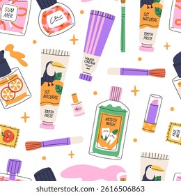Self care products seamless pattern. Background with different decorative cosmetics, care for teeth, skin care. Trendy hand drawing flat style.