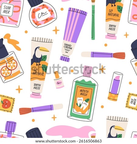 Self care products seamless pattern. Background with different decorative cosmetics, care for teeth, skin care. Trendy hand drawing flat style.