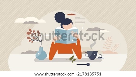 Self care and reading a book for relaxation moment tiny person concept. Calm break with literature and tea drinking vector illustration. Positive mind recreation and mental harmony doing your hobby.