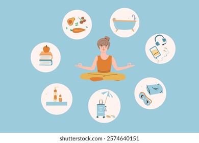 Self care and relaxation illustration featuring meditation and mindfulness activities for women.