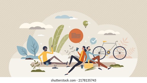 Self care and relaxing together with group of friends tiny person concept. Drive with bicycle to picnic for fun conversation and talking with diverse community vector illustration. Rest and chill.