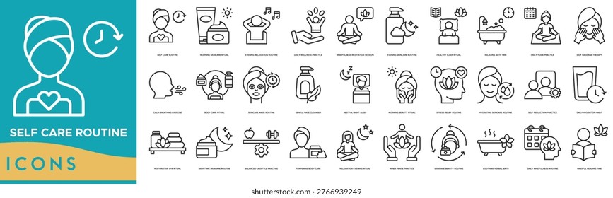 Self Care Routine icon set. Morning Skincare Ritual, Evening Relaxation Routine, Daily Wellness Practice, Mindfulness Meditation Session, Evening Skincare Routine, Healthy Sleep Ritual and Relaxing Bath Time