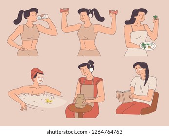 Self care routine set. Beauty rituals, relaxing, hobby, workout.  Happy lifestyle concept. Hand drawn vector cartoon style illustration 