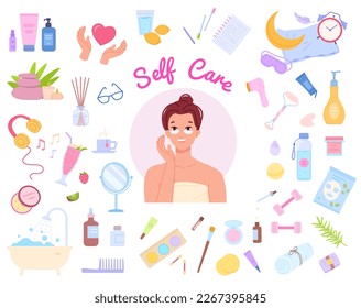 rutina de autocuidado. Rituales matutinos de mujeres, rutina de hábitos de cuidado de la piel o de belleza empacar ideas, estilo de vida de bienestar producto natural dormir máscara de piel, ilustración vectorial de crema de spa y cosmetología