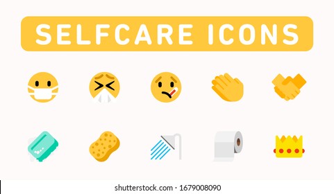 Self Care Rules Vector Icons Set. Hand washing, handshake, soap, toilet paper, sponge, bath tube, crown icons collection. Coronavirus, Covid 19 Protection Rules.