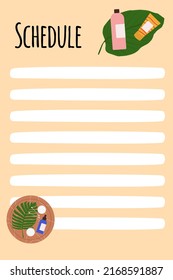 Self Care schedule with daily beauty treatments. Trendy minimalist planner in pastel colors. Flat illustrations of cosmetics.