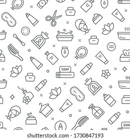 Self Care Seamless Pattern With Outline Icons Of Daily Beauty And Hygienic Activities. Tiled Texture Background