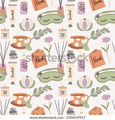 Self care seamless pattern. Wellness and mindfulness. relaxation in spa. Aromatherapy and skincare cosmetic. Positive vibes and balanced life. Mental health vector cartoon isolated background