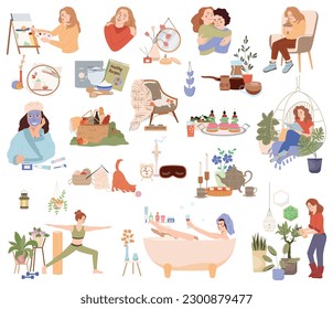 Self care set with hobby and relax symbols flat isolated vector illustration