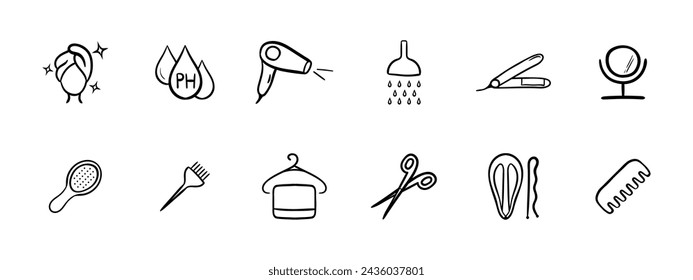 Icono de conjunto de autocuidado. Toalla, secado de pelo, secador de pelo, ducha, rizador, espejo, peine, percha, tijeras, cepillo, líquido. Icono de línea vectorial sobre fondo blanco.