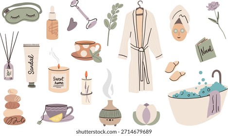 Conjunto de cuidado personal. Bienestar y mindfulness. relajación en spa. Aromaterapia con difusor de velas. Cuidado de la piel cosmética. Vibras positivas y vida equilibrada. Ilustración aislada de la historieta del Vector de la salud mental