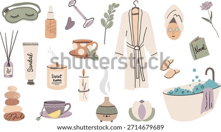 Self care set. Wellness and mindfulness. relaxation in spa. Aromatherapy with candles diffuser. Skincare cosmetic. Positive vibes and balanced life. Mental health vector cartoon isolated illustration